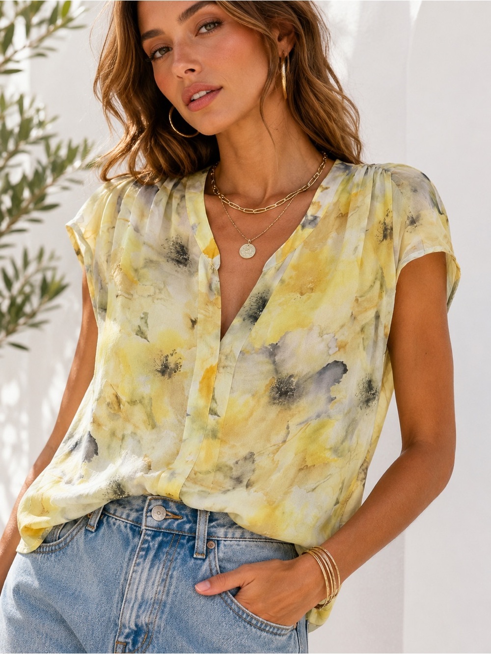 Floral Sheer Flowy Blouse | V-Neck | Yellow Watercolor Summer Top | Medium - Picture 14 of 14